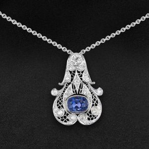 Milgrain Art Deco Cushion Cut Blue Sapphire Pendant Necklace For Women Wedding Jewelry