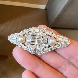 Art Deco Round & Baguette Cut Pearl & White Sapphire Brooch For Women