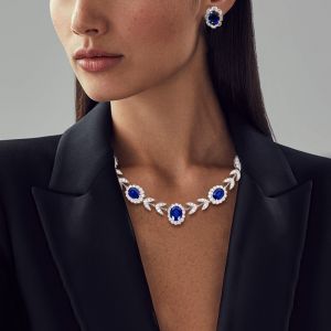 Halo Oval Cut Blue Sapphire Necklace & Earrings Set For Women Wedding Jewelry