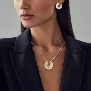 Two Tone Round Cut White Sapphire Pendant Wedding Necklace & Hoop Earrings Jewelry Sets For Women