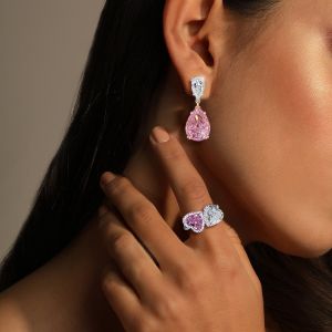 Pear & Heart Cut Pink Sapphire Jewelry Drop Earrings & Engagement Ring Sets For Women