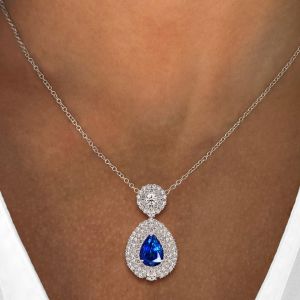 Halo Pear Cut Blue Sapphire Pendant Necklace For Women