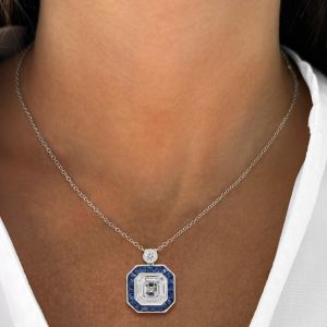 Halo Asscher Cut Blue Sapphire Pendant Necklace Bridal Jewelry For Women