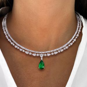 Double Row Pear Cut Emerald Sapphire Wedding Necklace For Women 