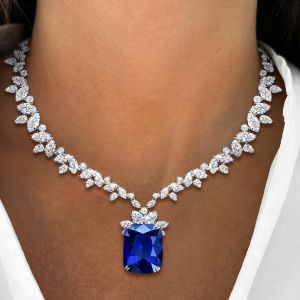 Cushion Cut Blue Sapphire Wedding Necklace For Women