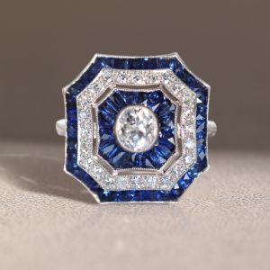 Milgrain Halo Oval Cut White & Blue Sapphire Engagement Ring For Women