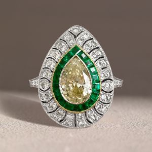 Milgrain Two Tone Double Halo Pear Cut Yellow Sapphire Engagement Ring For Women