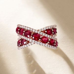 Rose Gold Cross Multi Row Oval Cut Ruby Sapphire Wedding Band For Women