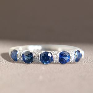 Half Bezel Round Cut Blue Sapphire Wedding Band For Women