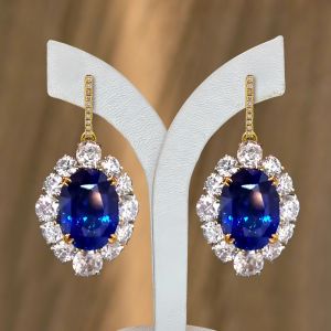 Two Tone Halo Oval Cut Blue Sapphire Drop Earrings For Women