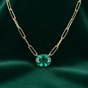 Golden Solitaire Oval Cut Emerald Sapphire Paper Clip Necklace Pendant Necklace For Women 