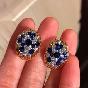 Two Tone Round Cut Blue Sapphire Hoop Earrings For Women