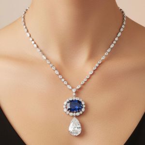 Halo Cushion & Pear Cut Blue & White Sapphire Necklace For Women