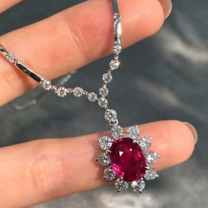 Halo Oval Cut Ruby Sapphire Pendant Necklace For Women