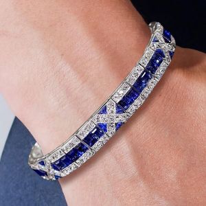 Art Deco Asscher Cut Blue Sapphire Bracelets For Women Wedding Jewelry 