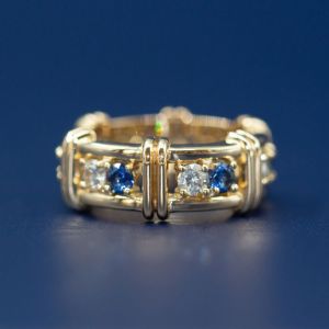 Golden Round Cut Blue & White Sapphire Wedding Band For Women