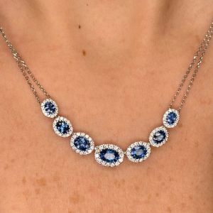 Halo Oval Cut Blue Sapphire Pendant Necklace For Women Wedding Jewelry