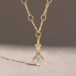 Golden Bezel Lozenge Motif Asscher Cut White Sapphire Chain Necklace Pendant Necklace For Women