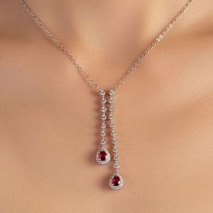 Art Deco Halo Bezel Pear Cut Ruby Sapphire Pendant Necklace For Women