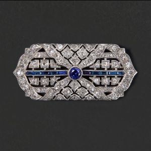 Art Deco Round Cut White & Blue Sapphire Brooch For Women