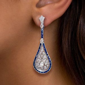 Milgrain Art Deco Round Cut White & Blue Sapphire Drop Earrings For Women
