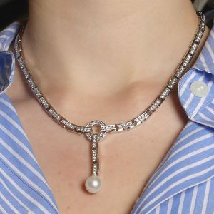 Round Cut Pearl & White Sapphire Necklace For Women Wedding Jewelry 