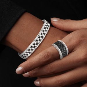 Asscher & Round Cut Black Sapphire Bracelet & Cigar Band Sets For Women