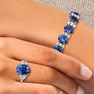 Oval Cut Blue Sapphire Engagement Ring & Bracelet Sets For Women