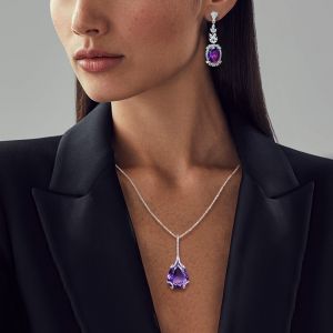 Pear & Oval Cut Amethyst Sapphire Pendant Necklace & Drop Earrings Jewelry Sets For Women   