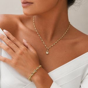 Golden Round Cut White Sapphire Necklace & Bracelet Sets For Women