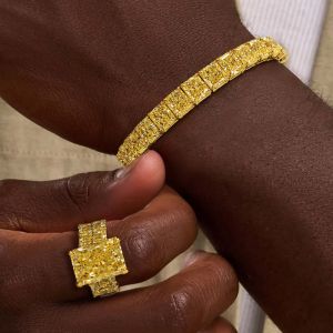 Golden Radiant Cut Yellow Sapphire Tennis Bracelet & Engagement Ring Set For Men Jewelry Set