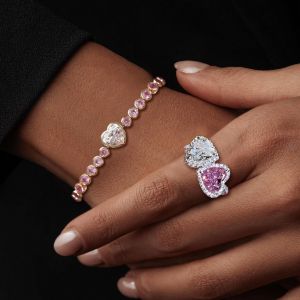 Halo Heart Cut Pink Sapphire Engagement Ring & Tennis Bracelet Jewelry Set