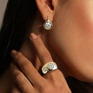 Golden Round Cut White Sapphire Drop Earrings & Wedding Ring Sets For Women