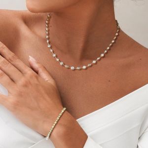 Golden Round & Marquise Cut White Sapphire Tennis Necklace & Tennis Bracelet Sets For Women