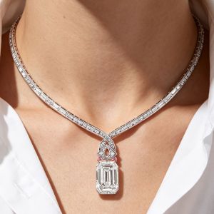 Luxury Two Tone Emerald Cut White Sapphire V-shaped Necklace For Women Wedding Jewelry