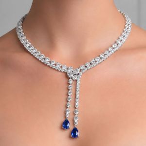 Lariat Design Pear Cut Blue Sapphire Necklace For Women Wedding Jewelry 