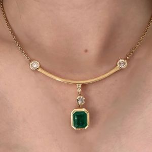 Bezel Golden Emerald Cut Emerald Sapphire Pendant Necklace For Women Wedding Jewelry 