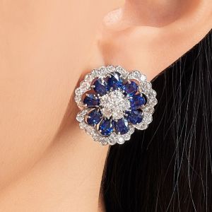 Halo Flower design Oval Cut Blue Sapphire Stud Earrings For Women For Women Wedding Jewelry 