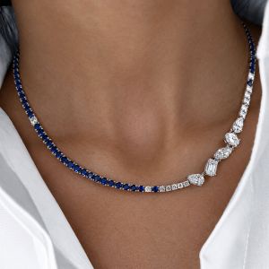 Multi Cut Blue White Sapphire Tennis Necklace For Women Wedding Jewelry 