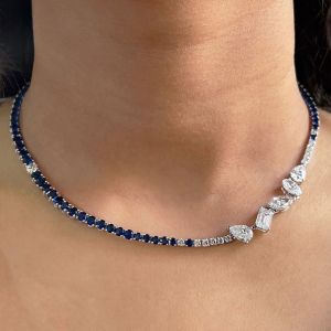 Multi Cut Blue White Sapphire Tennis Necklace For Women Wedding Jewelry 