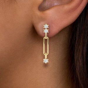 Golden Paper Clip Round Cut White Sapphire Drop Earrings For Women Wedding Jewelry