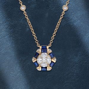 Golden Multi Cut Blue & White Sapphire Pendant Necklace For Women Wedding Jewelry
