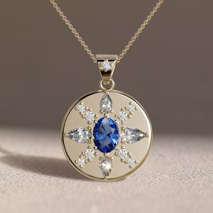 Golden Oval Cut Blue Sapphire Coin Pendant Necklace For Women Wedding Jewelry  