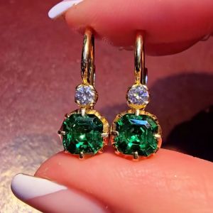 Golden Asscher Cut Emerald Sapphire Drop Earrings For Women