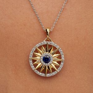 Two Tone Round Cut Blue Sapphire Pendant Necklace For Women Wedding Jewelry