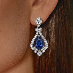 Art Deco Pear Cut Blue Sapphire Drop Earrings For Women  