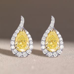 Two Tone Halo Pear Cut Yellow Sapphire Stud Earrings For Women