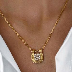 Golden Bezel Cushion Cut White Sapphire Pendant Necklace For Women 