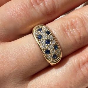 Golden Pave Setting Round Cut White & Blue Sapphire Wedding Band For Women