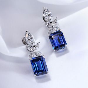 Emerald Cut Blue Sapphire Drop Earrings For Women